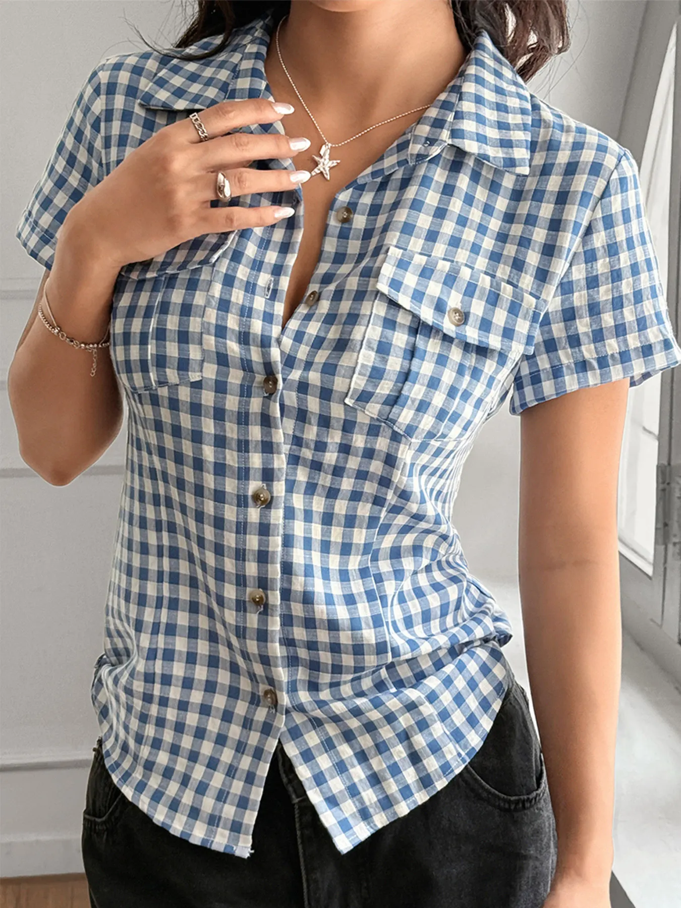 Gingham Check Short Sleeve Button-Up Shirt - Blue