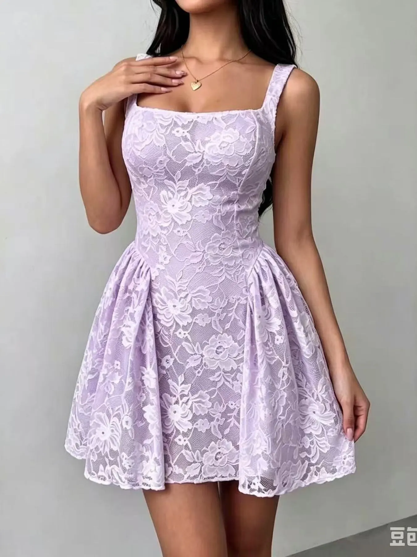Floral Lace Square Neck Mini Dress - Purple