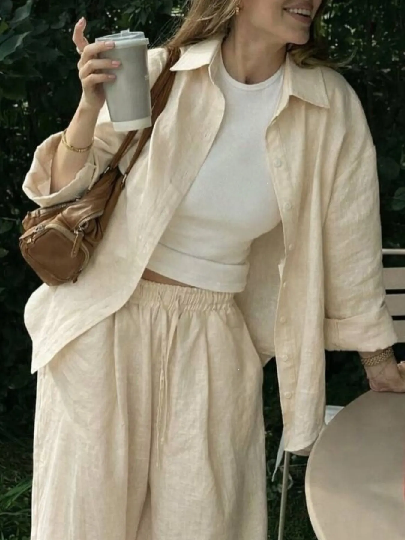 Button Up Shirt and Drawstring Pants Set - Apricot