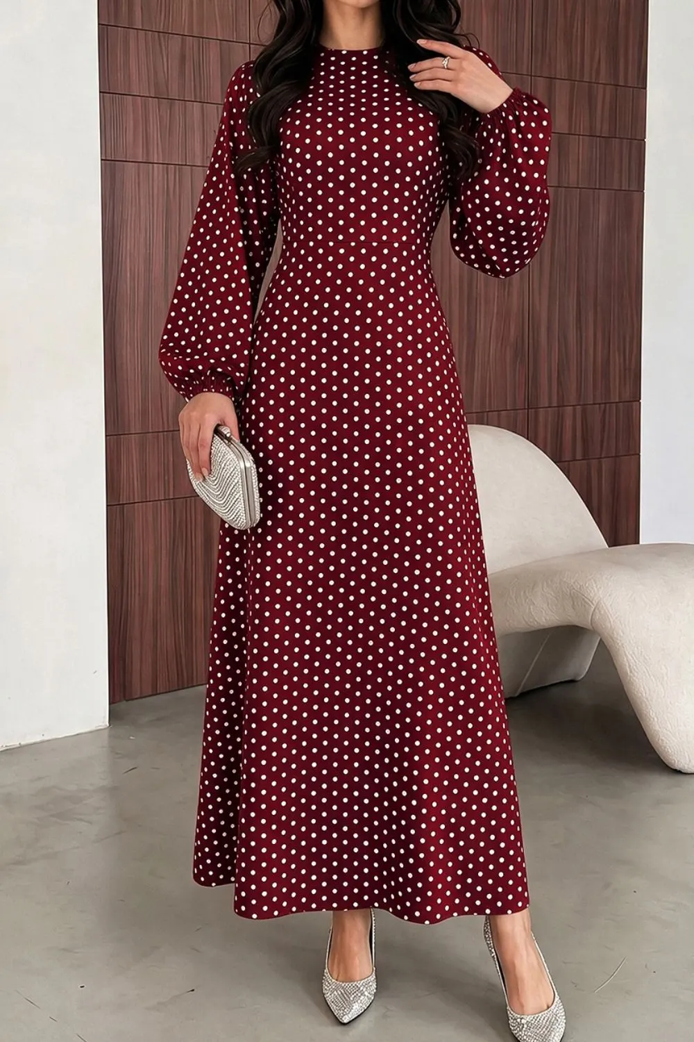 Polka Dot Long Sleeve Maxi Dress - Burgundy