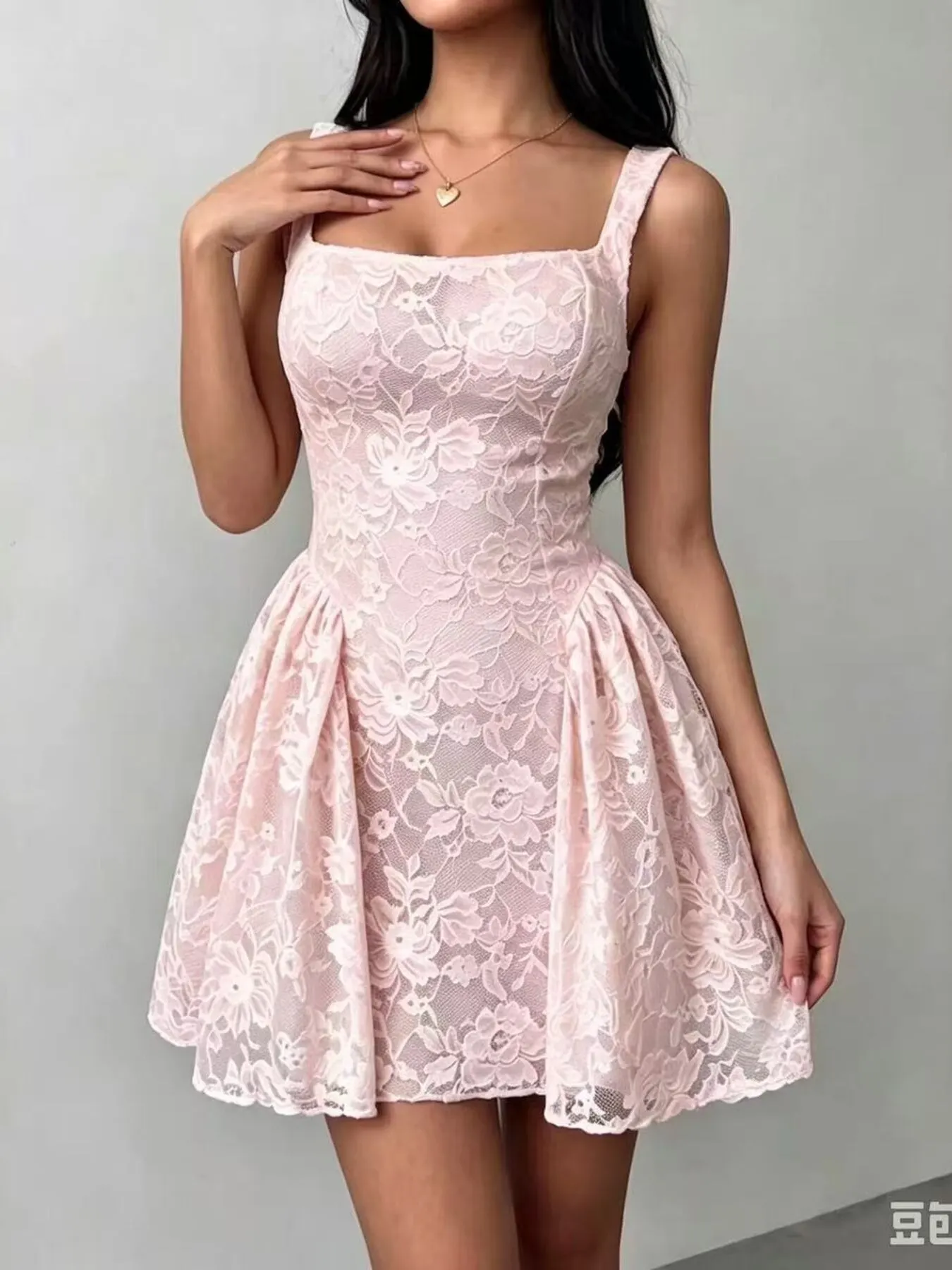 Floral Lace Square Neck Mini Dress - Pink