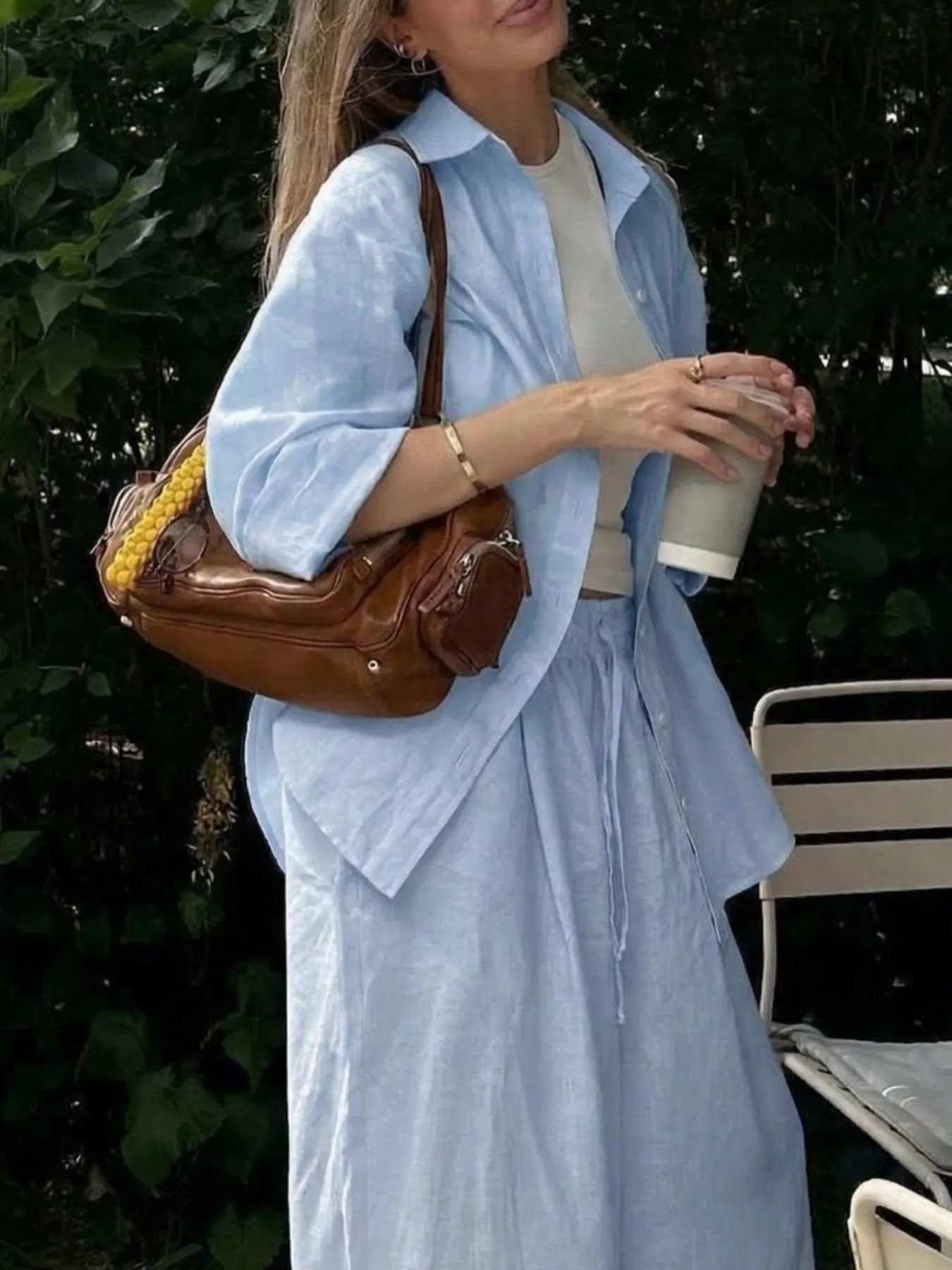 Button Up Shirt and Drawstring Pants Set - Light Blue